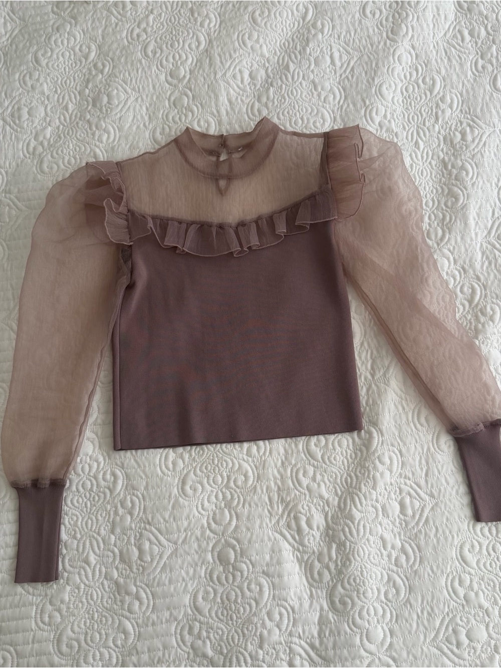 Mauve Purple Ribbed Knit Top with Sheer Mesh Ruffle Long Sleeves - Size S/XS